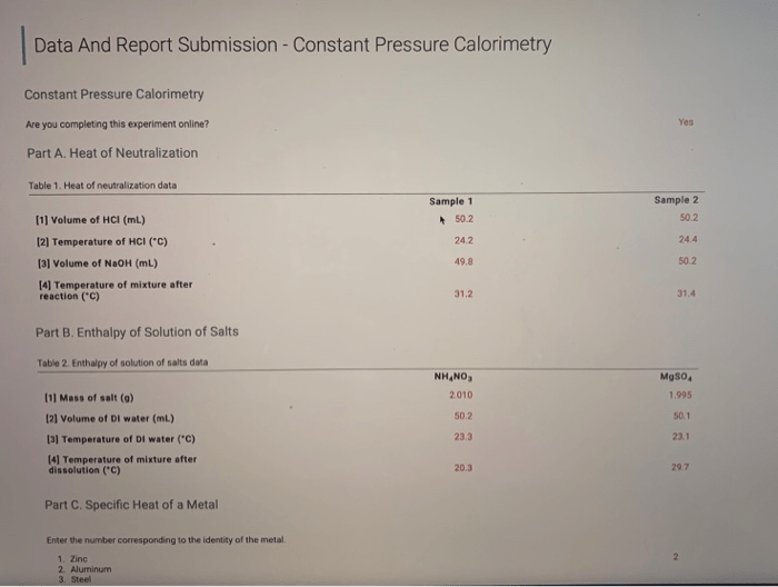 Constant pressure calorimetry lab report